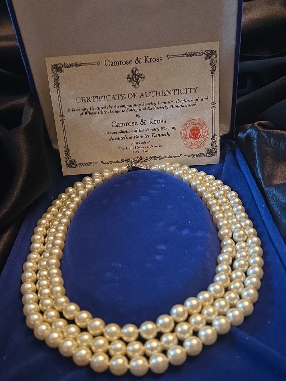 Vintage Camrose & Kross Cream Pearl Triple Strand Necklace Jacqueliine Kennedy